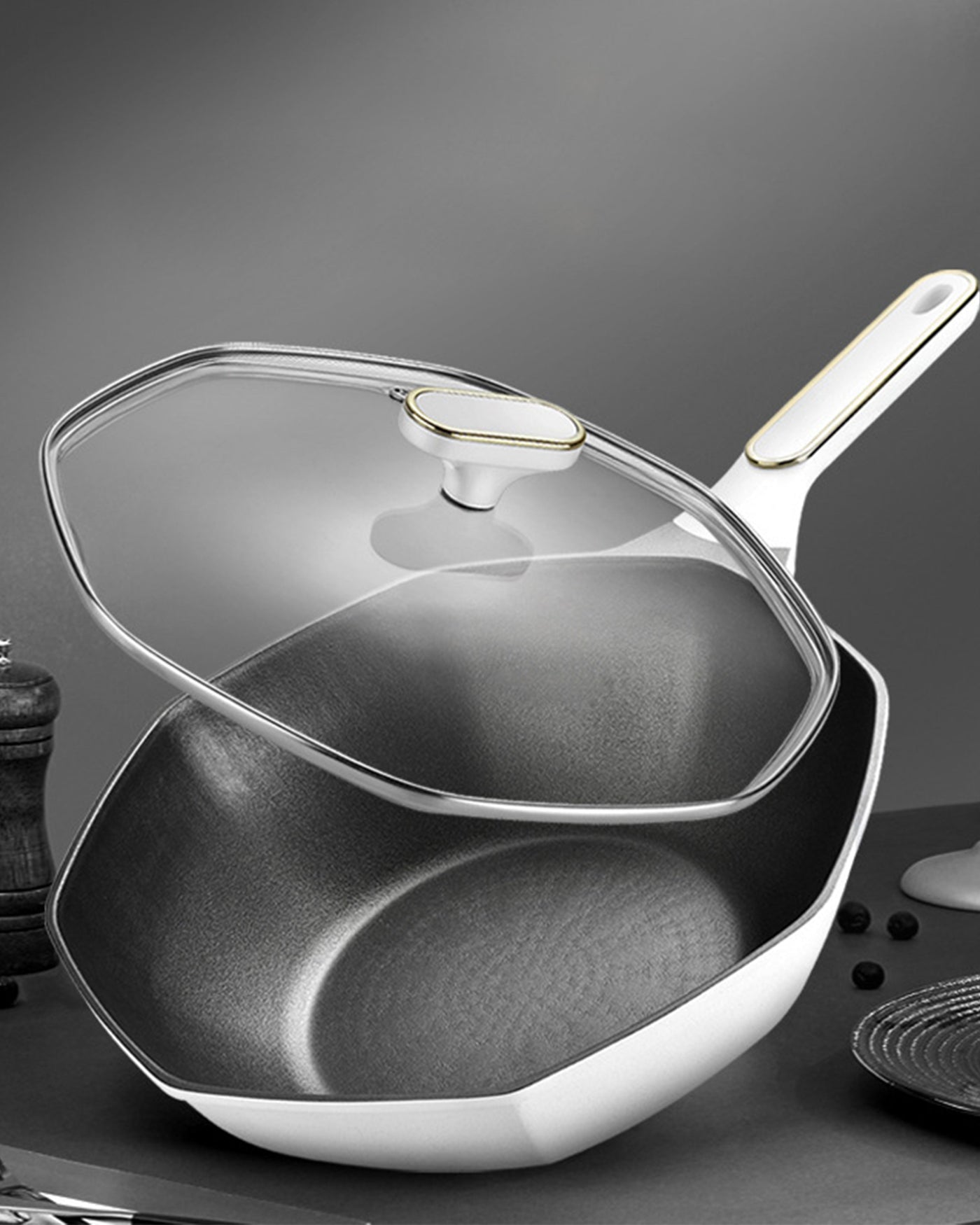 Non stick pan stone octagonal shape skillet with lid